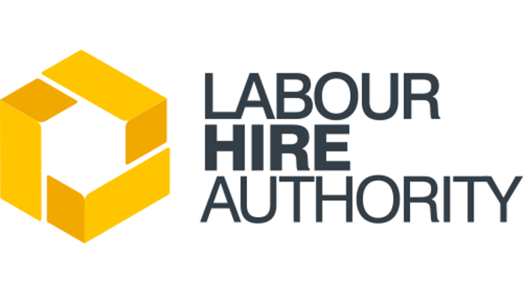 Labour Hire Authority logo, featuring a yellow cube design and bold text, representing compliance and accreditation for AS Security's services in Melbourne.