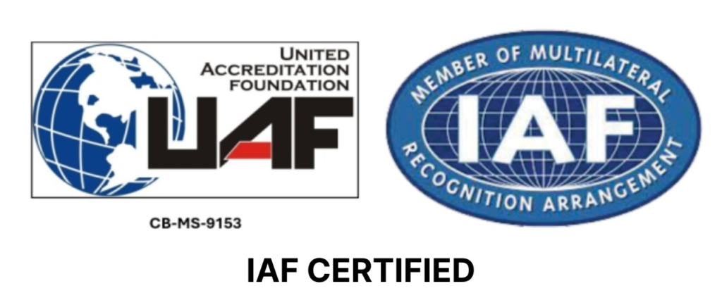 IAF certified logos from United Accreditation Foundation and Multilateral Recognition Arrangement, highlighting AS Security's commitment to quality and compliance in security services.