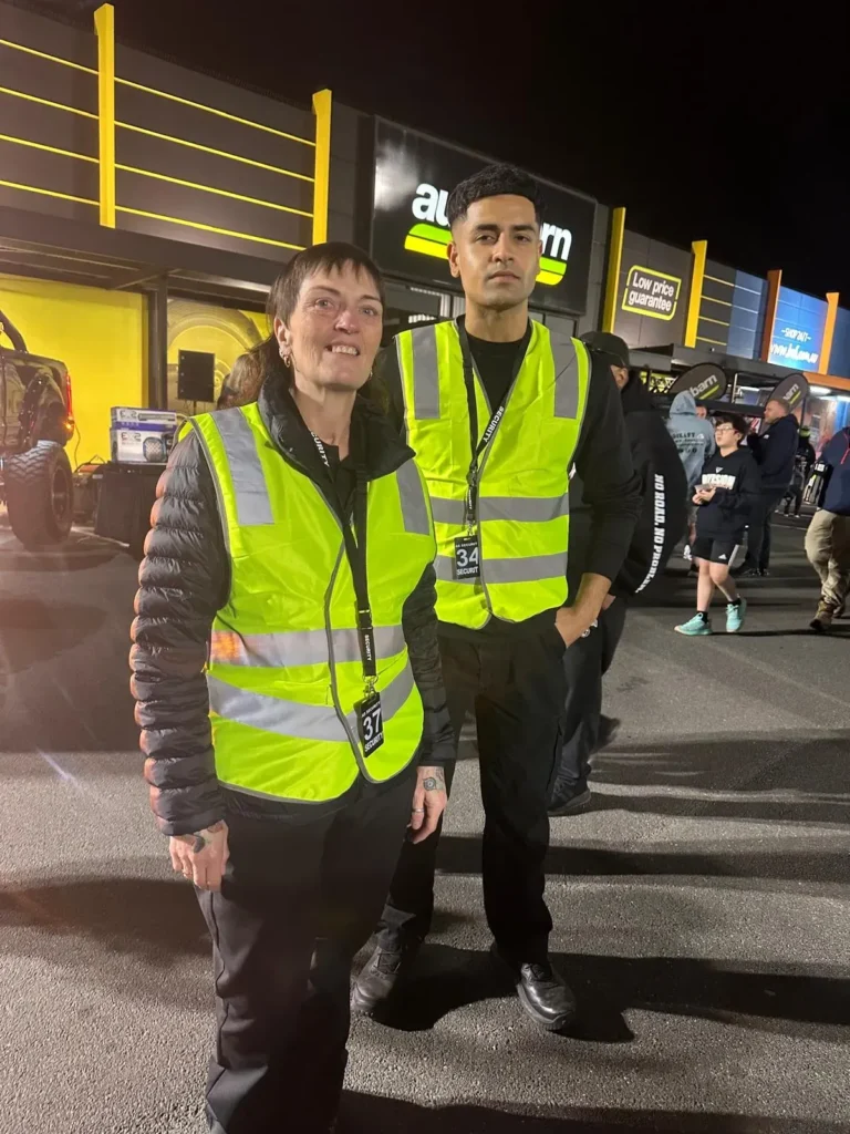 Security personnel in high-visibility vests at a nighttime event, showcasing AS Security's commitment to safety and operational readiness in Melbourne's Western Suburbs.
