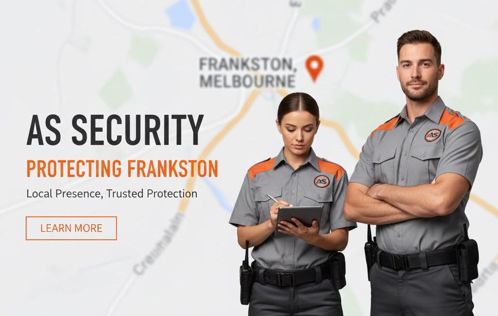 ### Key Elements

**Main Subjects**  
- Two security personnel (a male and a female) in uniforms.

**Objects**  
- Clipboard held by the female security officer.

**Notable Features**  
- Uniforms with orange accents, indicating a professional security service.
- Map background highlighting Frankston, Melbourne.

**Text and Symbols**  
- Company name: "AS SECURITY"
- Slogan: "PROTECTING FRANKSTON"
- Tagline: "Local Presence, Trusted Protection"
- Call to action: "LEARN MORE"

### Overall Mood/Theme  
The image conveys a sense of professionalism and trustworthiness, emphasizing the role of security personnel in ensuring safety within the Frankston area. The use of a map suggests a local focus, enhancing the theme of community protection.