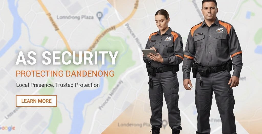 AS Security team members in uniform, standing confidently with a map background, showcasing local presence and trusted protection in Dandenong.