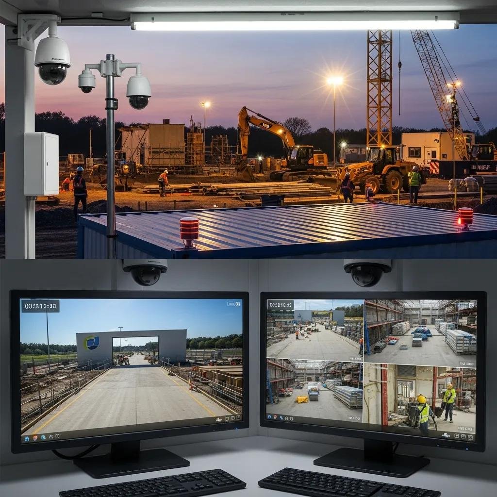 CCTV cameras and alarm systems monitoring a construction site with live security footage