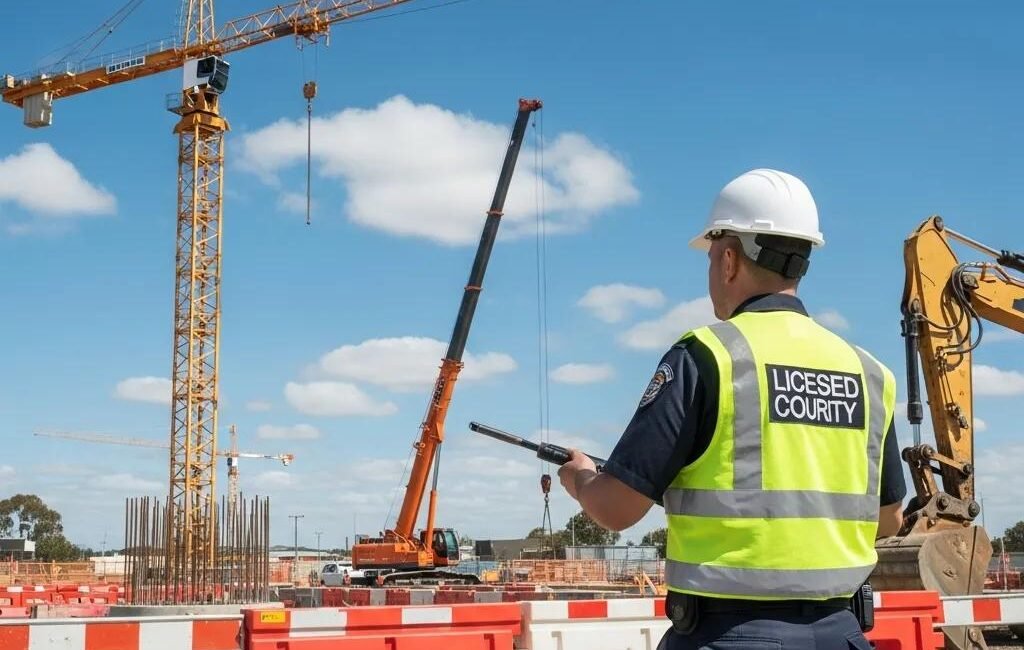 Licensed security guard monitoring a Melbourne construction site with cranes and safety barriers, ensuring site protection and risk management.