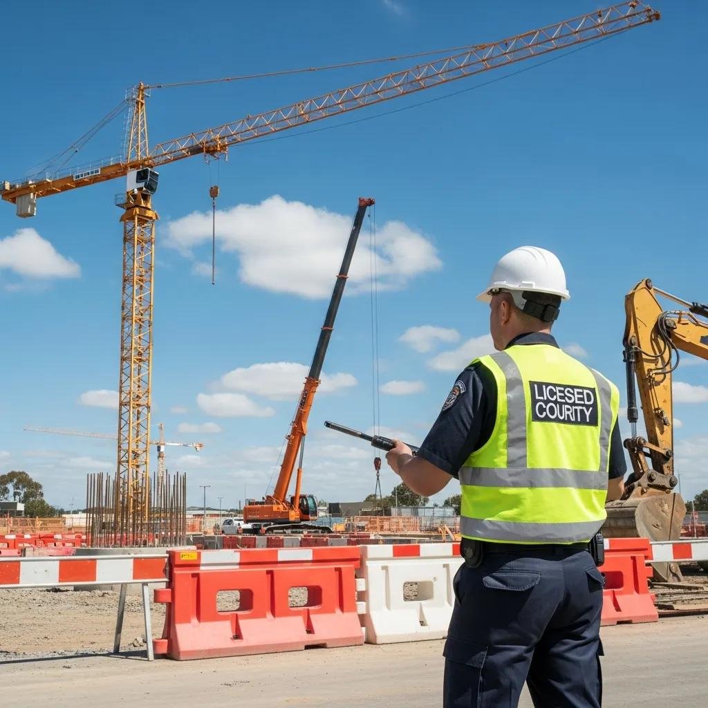 Construction site security guard monitoring a Melbourne construction site with equipment and safety barriers