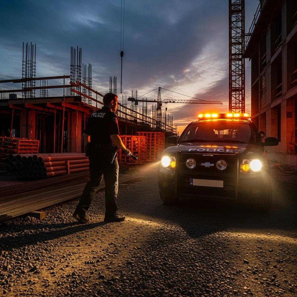 Mobile patrol vehicle and security guard inspecting a construction site perimeter