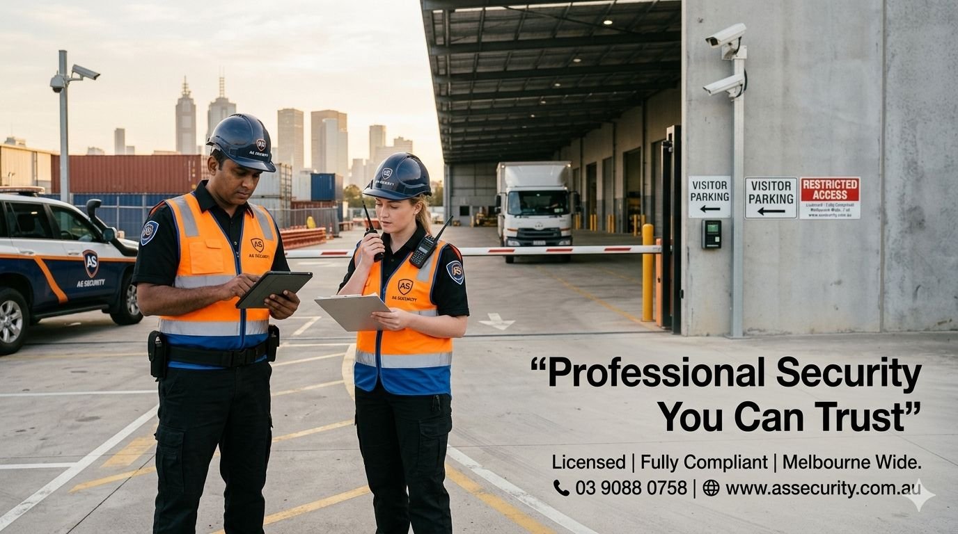 Security personnel from AS Security reviewing protocols and safety measures in a warehouse setting, emphasizing work health and safety standards.