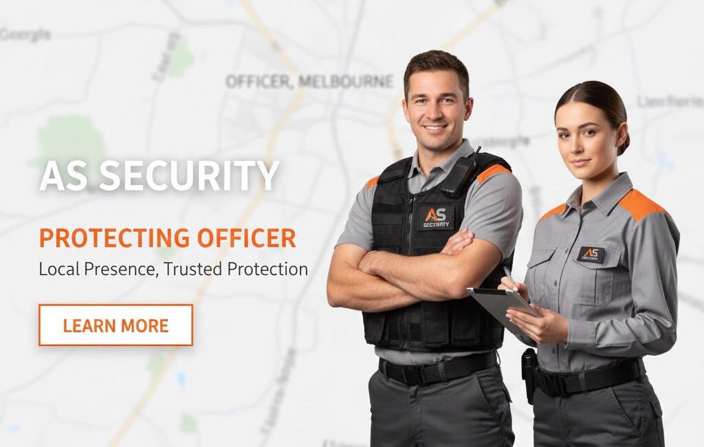 ### Key Elements

**Main Subjects**  
- Two security officers (male and female) in uniforms.

**Objects**  
- A map of Officer, Melbourne in the background.
- A tablet held by the female officer.

**Notable Features**  
- Uniforms with the logo "AS" prominently displayed.
- Orange accents on the uniforms.
  
**Text/Symbols**  
- "AS SECURITY" as the company name.
- "PROTECTING OFFICER" as a title.
- "Local Presence, Trusted Protection" as a tagline.
- "LEARN MORE" as a call to action.

### Overall Mood/Theme  
The image conveys a sense of professionalism and reliability in security services, emphasizing trust and local presence. The confident poses of the officers suggest readiness and assurance, creating a reassuring atmosphere for potential clients.