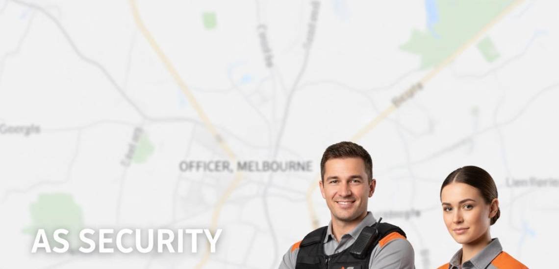 Security personnel from AS Security in Melbourne, featuring a male and female guard in professional attire, with a map of Officer, Melbourne in the background.